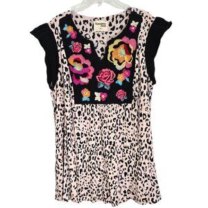 Savanna Jane Womens Boho Swing Floral Embroidery Leopard Print Swing Dress Sz 3X